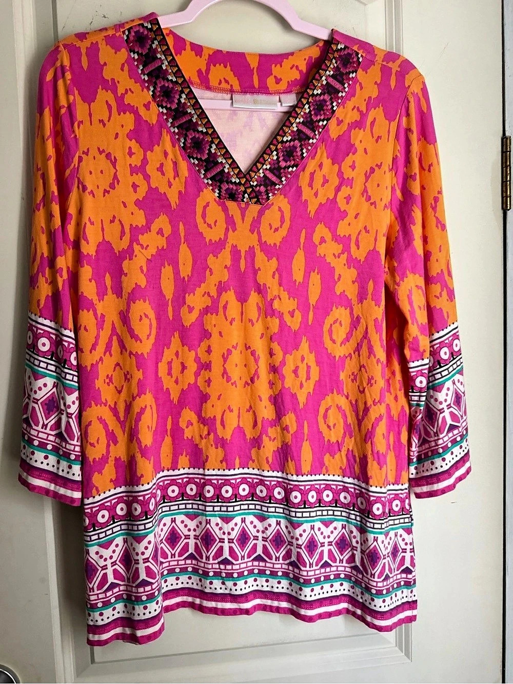 Belle by Kim Gravel rayon spandex aloha awaits Spaced Ikat V-Neck trim Blouse